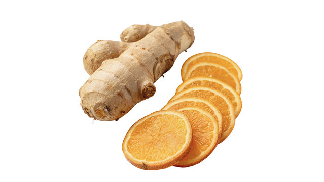 Fresh raw ginger root with cut round slices isolated on transparent background
