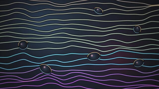 Glowing Wave Lines And Dark Glossy Beads Undulating With Shifting Neon Colors Across A Dark Background