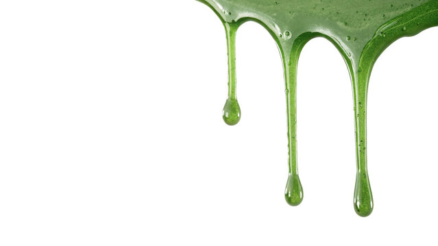 Vibrant green liquid slime dripping drops streaks isolated on transparent background