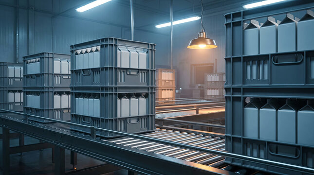 Plastic crates moving along a roller conveyor in a warehouse