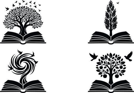 Tree of knowledge growing from open book with flying birds black silhouette icons set for education logo vector