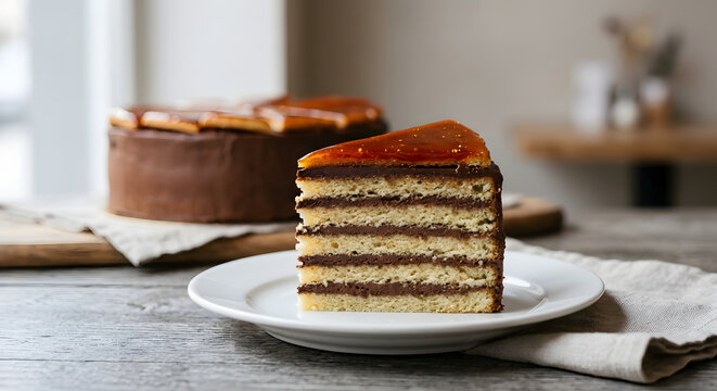 A precise slice of Hungarian Dobos torte showing multiple thin sponge layers separate