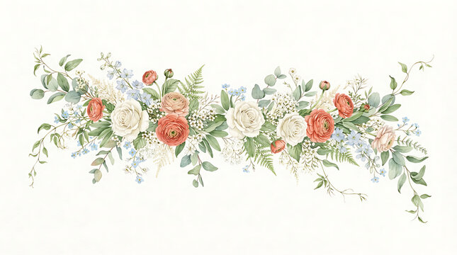Watercolor floral header featuring orange ranunculus, white roses, blue hydrangea, and green eucalyptus leaves, arranged in a wide horizontal garland shape on a white background, for invitations