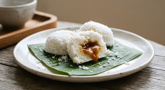 Southeast Asian putu piring, small white steamed rice flour cakes coated with fresh