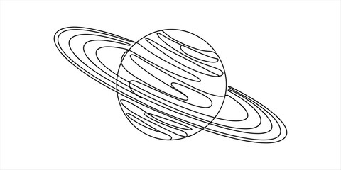 Continuous line drawing of planet saturn with rings in a simple black and white minimalist style for space design © Shopon