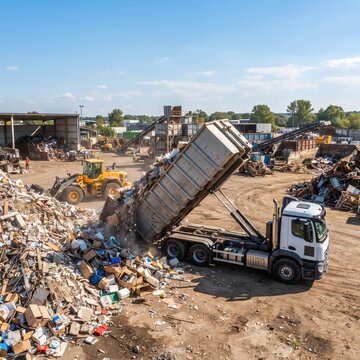 A dump truck tips its bed to unload a large pile of mixed waste and cardboard at an outdoor landfill, with a bulldozer visible in the distance.