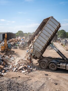 A dump truck tips its bed to unload a large pile of mixed waste and cardboard at an outdoor landfill, with a bulldozer visible in the distance.
