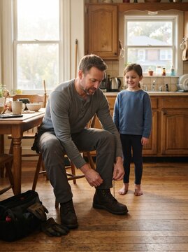 A father ties his work boot laces while his smiling daughter stands beside him in a warm kitchen, sharing a morning moment before heading out.