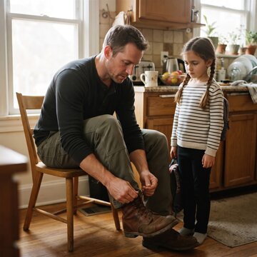 A father ties his work boot laces while his smiling daughter stands beside him in a warm kitchen, sharing a morning moment before heading out.