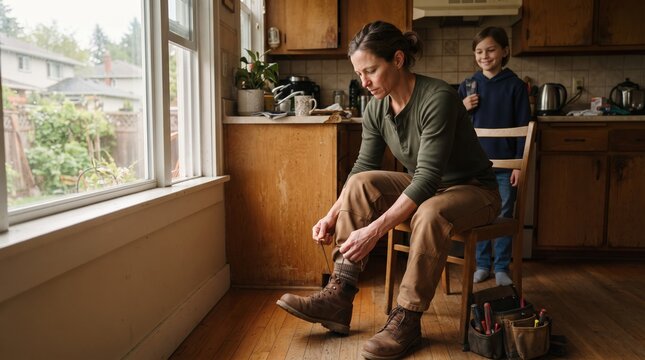 A woman sits on a wooden chair tying the laces of her work boots in a cozy kitchen while a child stands nearby holding books and a backpack.