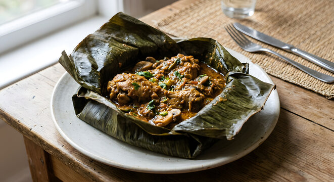 Traditional Ugandan chicken luwombo served inside an opened steamed banana leaf parce