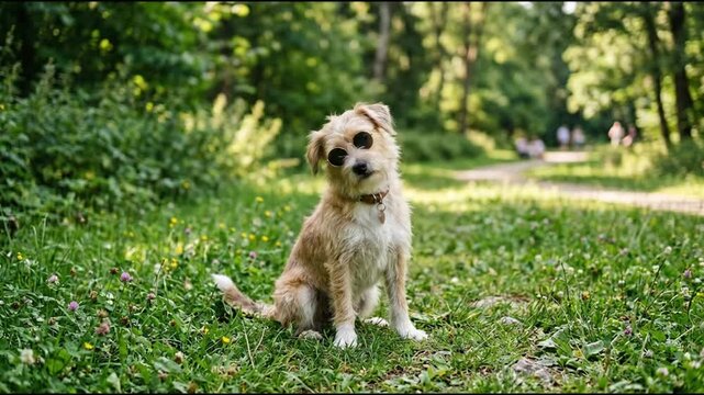 Adorable small scruffy terrier mix dog sitting on green grass in a sunny forest park.