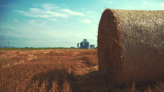 Round hay bales in a harvested field with a grain silo visible in the background on a sunny summer day. Agriculture, storage and harvest season concept. 4K.