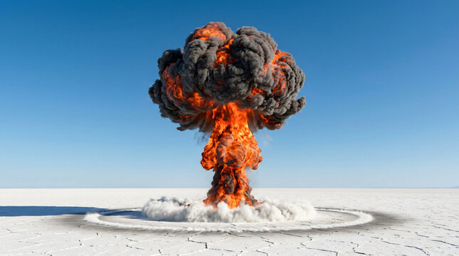 Massive mushroom cloud explosion rising from a desolate white salt flat landscape.
