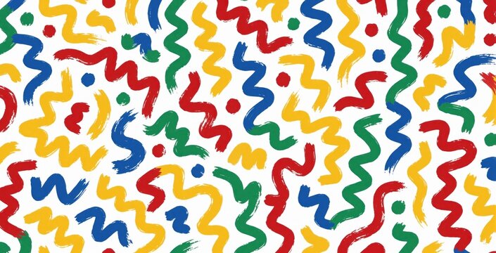 Abstract pattern with colorful squiggly lines, dots on white background. Vibrant red blue yellow, green brushstrokes create dynamic wavy texture. Playful organic shapes make modern graphic design for