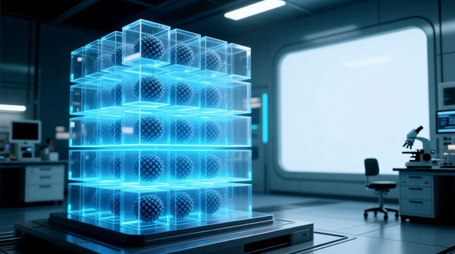 Advanced Materials Science Nanotechnology research in high-tech lab conceptual illustration of glowing molecular structures within transparent cubes symbolizing innovation