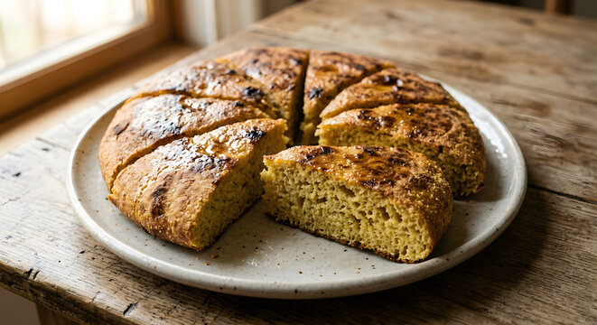 Somali muufo, a thick round corn flatbread with a lightly charred golden surface