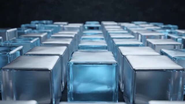 Modern Abstract Glass and Steel Cubes Grid Elevating in Synchronized Motion