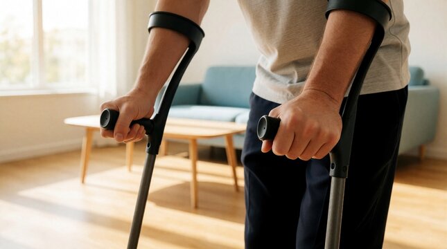 Closeup of person hands gripping black forearm crutches. Injured man uses medical aid to walk in bright living room. Patient recovers from knee surgery leg injury at home with mobility support