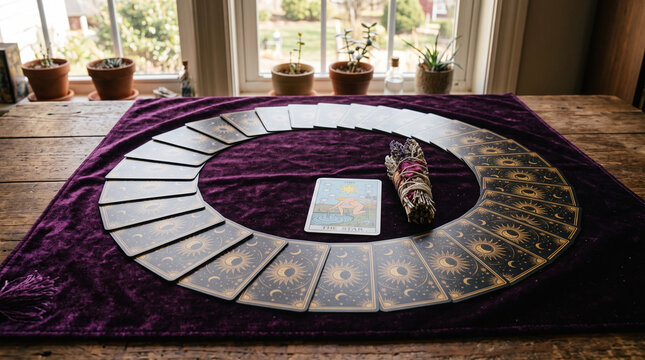 Tarot cards in circle on purple velvet with Star card and herb bundle, manifestation ritual