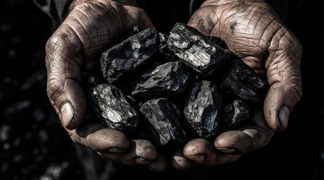 Rough dirty hands hold black coal pieces. Hard working miner shows carbon fuel in dark quarry. Close up of weathered skin, industrial mineral resources. Manual labor concept with raw energy source in