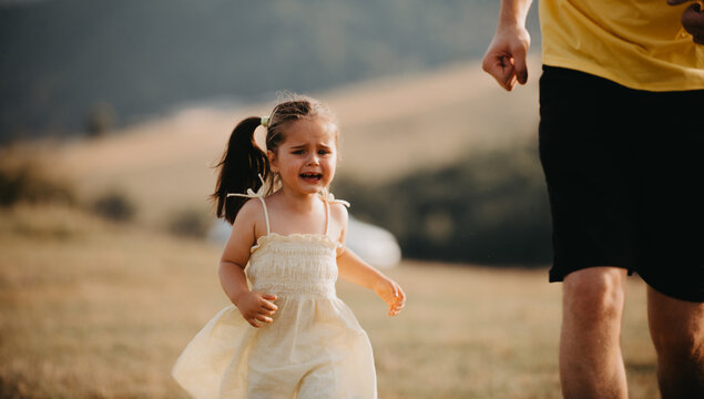 Little Girl Crying While Running With Father Through Sunlit Summer Field