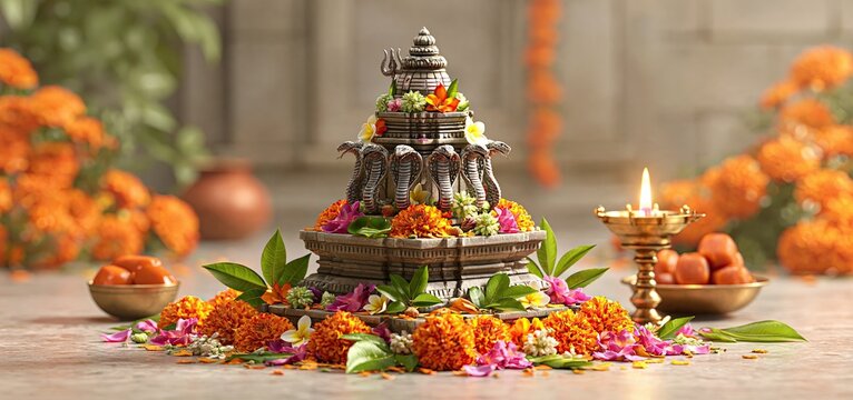 During Nag Panchami, a Shiva lingam decorated with cobras is surrounded by marigold flowers, leaves, sweets, and a lit lamp.
