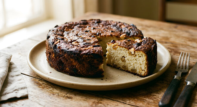 Traditional Odia chhena poda, a rustic round baked cottage cheese cake with a deeply