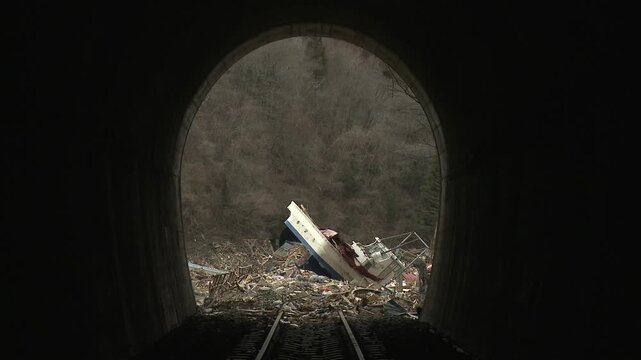 Boat And Large Debris Blocks Railway In Aftermath Of Tsunami In Japan