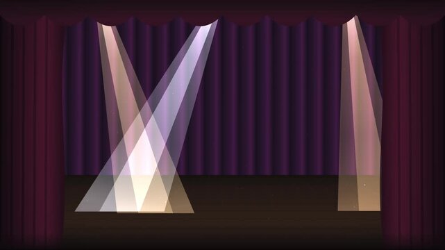 Illuminated Stage Features Glowing Spotlights Moving Across Purple Curtains And Empty Wooden Floor
