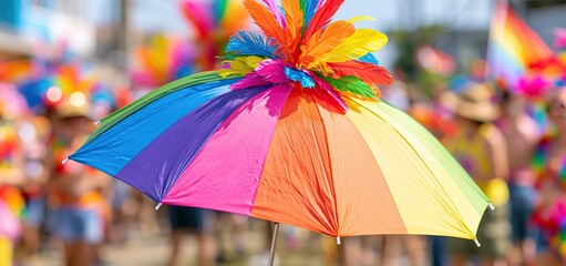 Obraz premium A vibrant carnival umbrella adorned with feathers stands out amid a lively street festival and joyful crowd celebrating Brazilian culture.