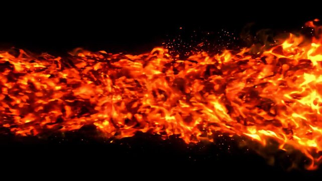 Intense Fire Burst and Flame Stream on Black Background, Digital Special Effects