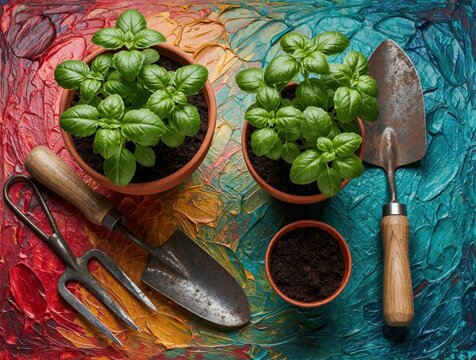 Gardening tools, green basil plants in terracotta pots on bright colorful background. Metal trowel, hand fork, spade lie near soil. Home hobbyist grows fresh herbs for cooking in garden kitchen pot.