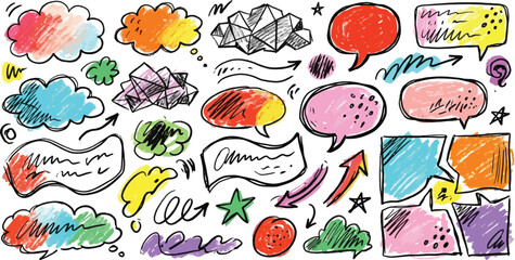 Fototapeta premium Set of colorful hand sketched speech bubbles and abstract design elements with text box scribble dialogue colorful graphics collection infographic abstract background artistic illustration