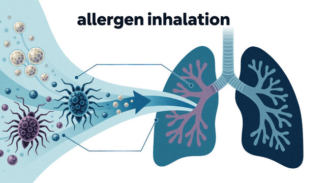 Medical infographic shows allergen inhalation pathway. Pollen, dust mites, animal dander particles enter human lungs through respiratory tract. Diagram explains how airborne triggers cause breathing