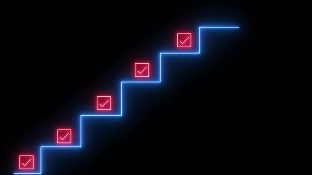 Step by Step Glowing neon staircase animation with upward arrow and target goal symbol on black background. Digital business growth concept with progress steps, success milestones