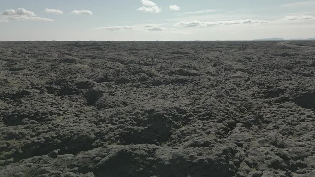 Aerial drone view of vast moss-covered lava field, Iceland