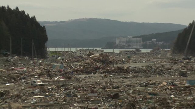 Zoom Out View Of Town Wiped Out In Aftermath Of Tsunami In Japan