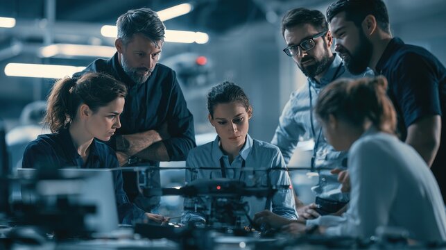 Engineering Innovation Team: A focused team of engineers collaborates intensely around a complex prototype, deep in discussion and problem-solving within a modern workshop setting.