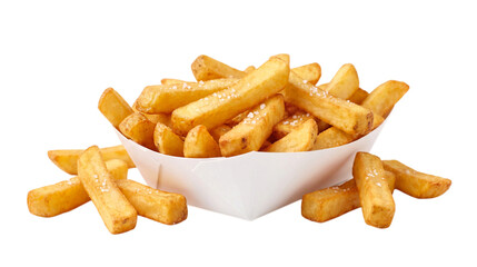 A pile of golden french fries seasoned with salt, served in a white paper container, isolated on a transparent background ©  Pngs