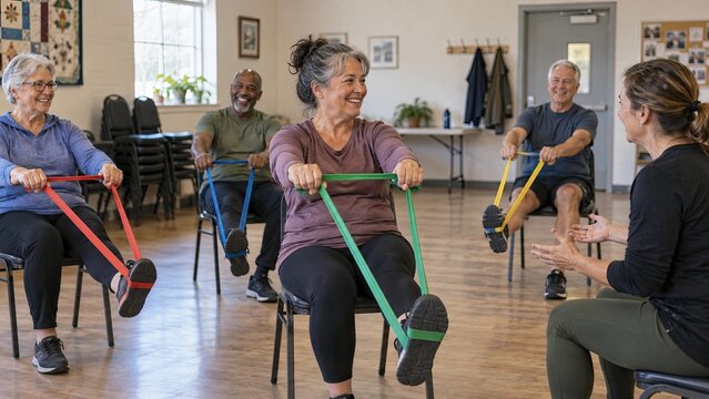 Older adults enjoy an indoor social fitness class using resistance bands with guidance from a trainer in a bright community room.