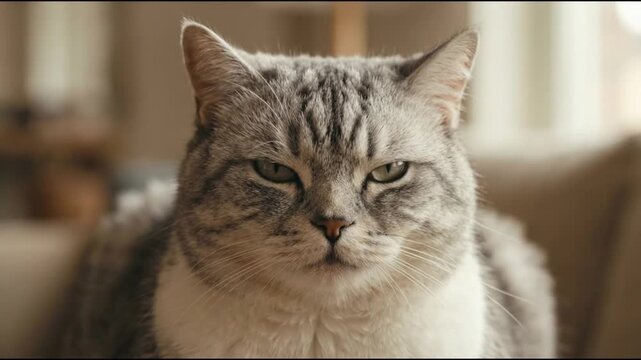 Grumpy Grey Tabby Cat Blinking Slowly and Looking Annoyed.