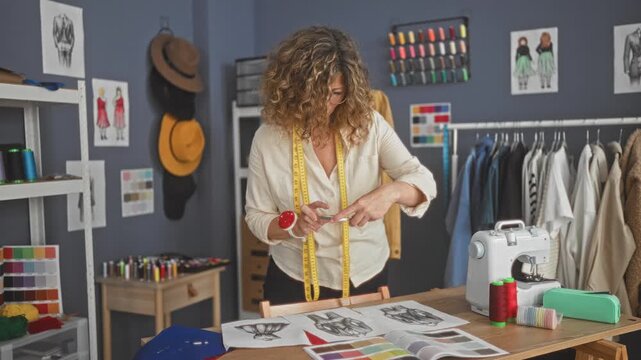 Woman dressmaker with measuring tape and smartphone holds phone and checks patterns on table in studio; creative focus.