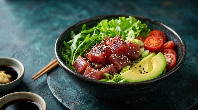Healthy seafood meal featuring raw tuna chunks, avocado, and fresh vegetables.
