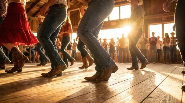 A group performs country music line dancing moves on a wooden floor in golden sunlight.