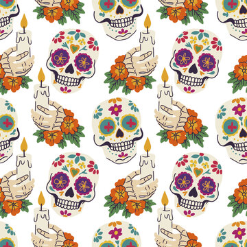 Colorful Mexican Day of the Dead vector seamless pattern with sugar skulls and marigold.