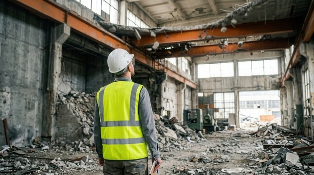 Construction worker in yellow vest and white helmet surveys progress in demolished room