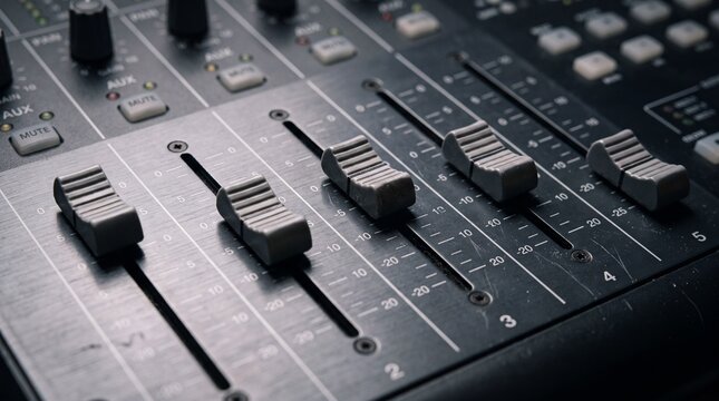Audio mixing console faders with volume level sliders on soundboard panel, representing music production, audio engineering and broadcast studio recording setup.