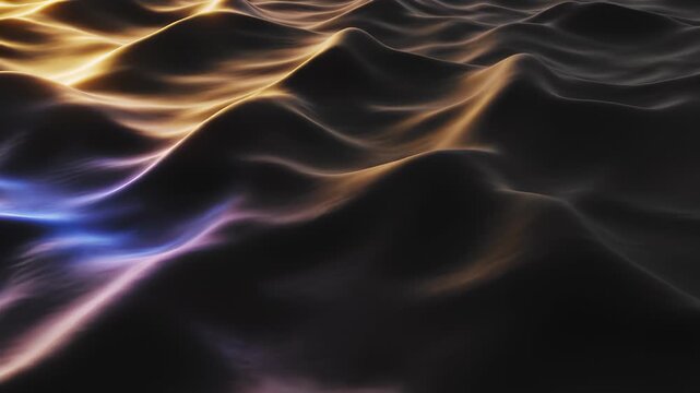 Abstract Glossy Dark Waves Flowing With Golden and Purple Light Reflections, 3d Animation
