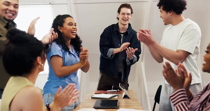 Applause, team or excited in office for creative award recognition, exclusive scoop or viral story. Laugh, journalist and people with clap for evidence breakthrough, trending article and celebration